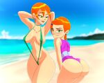 1girl 2_girls adult age_difference ass beach ben_10 bikini cartoon_network dat_ass female_focus female_only future_gwen_tennyson gwen_tennyson looking_at_viewer ocean older older_female one-piece_swimsuit outside porongoneitor sling_bikini swimsuit young young_girl younger