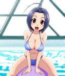  1girl ahoge animated animated_png arm_support big_breasts blue_hair blush bouncing_breasts breasts cleavage collaboration gif goriate idolmaster idolmaster_2 indoor_pool inflatable_raft kaze_(kazesan) kazesan large_breasts miura_azusa navel open_mouth pool red_eyes rei_no_pool riding shiny shiny_skin short_hair smile solo 