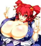  1girl areola_slip areolae blue_dress breasts cleavage double_v dress female gigantic_breasts hair_bobbles hair_ornament huge_breasts onozuka_komachi open_mouth red_eyes sentarou shiny shiny_skin short_hair smile solo touhou twin_tails twintails v white_background 