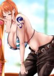  1girl 1girl 1girl big_breasts big_breasts bikini_top breasts clothed_female curvy female_focus female_only high_res huge_breasts leaning leaning_forward log_pose mature mature_female moriton nami no_shirt one_piece orange_hair pants seductive seductive_look short_hair shoulder_tattoo smile solo_female solo_focus tagme tattoo thick_thighs voluptuous 