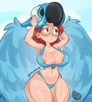  1girl areola areola_slip big_ass big_breasts big_thighs bird_costume blue_feathers blue_wings cosplay glasses greenpotato light-skinned_female linda_gunderson navel red_hair rio_(movie) thin_waist wide_hips 
