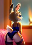 1girl ai_generated ass blue_eyes disney ears_up eyes_half_closed eyes_half_open female_focus female_only furry furry_female judy_hopps lingerie rabbit rabbit_ears rabbit_tail room seductive sun_rays thick_thighs window zootopia