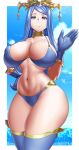 1girl alluring alternate_breast_size arcedo big_ass big_breasts bikini blue_bikini blue_eyes blue_hair breasts curvaceous curvy_figure female_only fire_emblem fire_emblem_engage headress high_res hips light-skinned_female light_skin long_hair lumera_(fire_emblem) mature_female milf nintendo race_queen smile thick_thighs thighs wide_hips