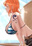  1girl 1girl 1girl bare_shoulders belt big_breasts bikini_top blue_and_white blush breasts closed_eyes clothed_female female_focus female_only huge_breasts leaning_forward log_pose mature mature_female midriff moriton nami navel no_shirt one_piece orange_hair pants partially_clothed railing short_hair sky smile solo_female solo_focus sunlight tagme tattoo wood wooden_wall 