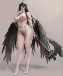 1girl albedo_(overlord) alternate_version_available big_ass big_breasts black_hair black_wings breasts female_only holding_weapon horns janggun nipples overlord_(maruyama) platform_shoes posing seductive weapon wings