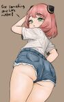  1girl adopted_daughter antigens anya_forger ass ass_focus back big_ass blush english_text female female_only from_behind green_eyes hairpods highres jean_shorts jeans jeans_shorts kyojiri_loli legs loli looking_at_viewer looking_back medium_hair open_mouth pervert pervert_female pink_hair sexually_suggestive shorts simple_background solo_focus spy_x_family thighs younger_female 