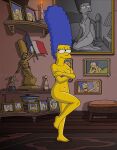  blackzacek blue_hair completely_nude_female covering_breasts marge_simpson the_simpsons yellow_skin 