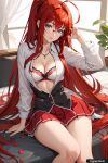 1girl ai_generated big_breasts blue_eyes female_only glasses high_school_dxd long_hair red_hair rias_gremory sitting skirt trynectar.ai