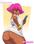 1girl 1girl 1girls 2021 ass bedroom_eyes big_ass bottomless bracelet breasts cartoon_network chickpea colored dark-skinned_female dark_skin earrings female_only hands_on_hips human human_shannon humanized looking_at_viewer looking_back ok_k.o.!_let&#039;s_be_heroes oversized_shirt phone pink_hair rear_view red_eyes shannon_(ok_k.o.!_let&#039;s_be_heroes) shannon_boxman short_hair simple_background smartphone solo_female t-shirt upskirt white_shirt yellow_background