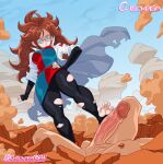 1boy 1girl 2022 android_21 android_21_(human) big_penis blue_eyes brown_hair chickpea clothed_female_nude_male colored dragon_ball dragon_ball_fighterz earrings femdom footjob glasses huge_cock labcoat light_skin long_hair looking_down male/female painted_nails toes torn_leggings uncensored veiny_penis