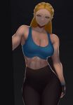 1girl 1girl 1girl abs absurd_res alluring athletic_female black_background blonde_hair breath_of_the_wild cleavage demigoddess female_abs female_only fingerless_gloves fit fit_female green_eyes hylian long_hair looking_at_viewer nintendo pointy_ears princess princess_zelda royalty solo_female sportswear the_legend_of_zelda workout_clothes yoga_pants zaki_btw 