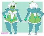  1girl 1girls 2021 alien antennae barefoot big_ass black_eyes blue_background breasts character_sheet chickpea clothed clothing colored disguise feet fully_clothed green_skin high_heels humanoid humanoid_penis model_sheet naala original original_character shortstack simple_background solo_focus spacesuit standing stockings thick_thighs uncensored white_hair 