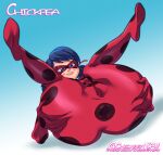 1girl 2022 anus_visible_through_clothes big_ass blue_background blue_eyes blue_hair chickpea clothed_female colored eyemask fat_ass feet_up female_only heroine huge_ass ladybug_(character) marinette_cheng marinette_dupain-cheng mask masked_female miraculous_ladybug on_back pussy_visible_through_clothes simple_background smile spread_anus spread_ass superhero_costume superheroine