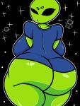 1girl alien alien_girl ass big_ass big_breasts big_thighs black_background blue_shirt breasts fat_ass female_only green_skin jp20414(artist) showing_ass thewboy_nsfw thighs ufo 