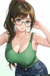 1girl ai_generated breasts cleavage denim female_only glasses green_eyes long_hair trynectar.ai