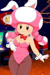 aged_up ai_generated black_eyes breasts bunny_ears bunnysuit casino female_focus gloves looking_at_viewer mario_(series) mushroom_girl mushroom_humanoid nintendo pink_hair playboy_bunny ribbon toadette twin_braids younger_female