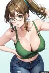 1girl ai_generated breasts cleavage denim female_only glasses green_eyes long_hair trynectar.ai