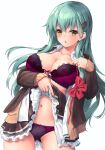  1girl 1girl aqua_hair awa_yume big_breasts blush bow bow_bra bow_panties bra breasts brown_jacket cleavage clothes_lift collarbone frilled_skirt frills green_eyes hair_ornament hairclip high_res jacket kantai_collection long_hair looking_at_viewer navel open_clothes open_jacket open_shirt panties parted_lips purple_bra purple_panties shirt simple_background skirt skirt_lift suzuya_(kantai_collection) suzuya_kai_ni_(kantai_collection) underwear white_background white_shirt 