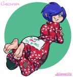 1girl 2020 alternate_version_available barefoot blue_hair bubble_butt butt_flap cartoon_network chickpea colored ed,_edd,_&#039;n&#039;_eddy feet female_only freckles green_background hair_over_one_eye kanker_sisters looking_back marie_kanker onesie pajamas short_hair simple_background smile text tomboy