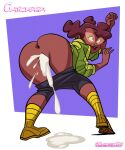 1girl 2020 after_sex anus april_o&#039;neil april_o&#039;neil_(rise_of_the_tmnt) ass big_ass boots brown_hair chickpea colored cum cum_in_pussy dark-skinned_female dat_ass dripping_cum exposed_ass female_only glasses green_jacket huge_ass nickelodeon pants_down purple_background rise_of_the_teenage_mutant_ninja_turtles simple_background teenage_mutant_ninja_turtles uncensored yellow_boots