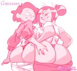  2022 2_girls amphibia big_ass big_ass chickpea crossover dark-skinned_female disney disney_channel female_only grabbing_ass huge_ass huge_ass looking_at_viewer looking_back looking_back_at_viewer milf monochrome mrs._boonchuy oum_boonchuy pants_down pink_theme presenting_hindquarters sharon_mcgee simple_background smile straight_hair the_ghost_and_molly_mcgee white_background 