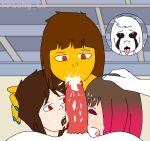 ahegao alternate_version_available anthro asriel_dreemurr bete_noire betty_noire brown_hair chara_(undertale) cum fellatio frisk frisk_(undertale) frisky_69 glitchtale huge_dick licking_penis male_ahegao oral penis red_eyes sex sucking_penis tongue_out undertale_au