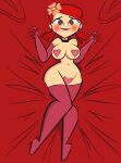  1girl bedsheet biting_lip ckdrawstuff elbow_gloves excited full_body grabbing_sheets gripping_sheets heart heart_maebari heart_pasties laid_back light-skinned_female looking_at_viewer maebari mostly_nude pasties red_hair sheet_grab total_drama_island zoey_(tdi) 
