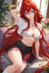 1girl ai_generated big_breasts blue_eyes clothed female_only glasses high_school_dxd long_hair red_hair rias_gremory sitting skirt trynectar.ai
