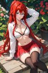 1girl ai_generated big_breasts blue_eyes female_only glasses high_school_dxd long_hair red_hair rias_gremory sitting skirt trynectar.ai