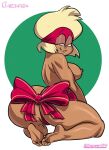 1girl 2020 5_toes anus_peek ass barefoot big_ass blonde_hair bow breasts brown_nipples brown_skin carol_kincaid cartoon_network chickpea christmas christmas_outfit christmas_present colored dark-skinned_female dat_ass feet female_only green_background huge_ass looking_at_viewer looking_back looking_back_at_viewer milf nipples nude nude_female ok_k.o.!_let&#039;s_be_heroes ribbon short_hair simple_background smile thick_thighs thighs thong toes