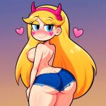  1girl ass ass_focus big_breasts blonde_hair blush breasts cats62 disney female_focus heart horns_hairband horny_female long_hair nipples seductive seductive_look seductive_smile short_shorts star_butterfly star_vs_the_forces_of_evil 
