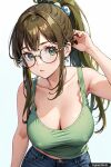  1 1girl ai_generated bitch breast cleaveage denim eyes female_only glasses green long long_hair trynectar.ai 