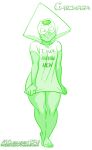1girl 2022 barefoot cartoon_network chickpea english_text feet female_only gem_(species) green_theme monochrome no_background oversized_shirt peridot_(steven_universe) smile standing steven_universe text toes white_background