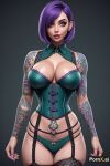  1girl ai_generated bell_haircut big_breasts bob_cut boob_window cleavage crotch_tattoo dark_background female_only garter garter_belt garter_straps grey_eyes human looking_at_viewer pooplool pornx.ai purple purple_hair short_hair simple_background sole_female tattoo tattooed_arm thin_female turquoise_clothing visible_ears 