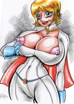   blonde_hair blue_eyes breasts dc_comics erect_nipples huge_breasts nipple_slip nipples power_girl  