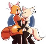  1girl 2020 aggressive_retsuko ailurid anthro areola armwear ass big_ass big_breasts bodily_fluids bottomless breast_squish breasts breasts_frottage canid canine clothed clothing duo female/female fennec fenneko fox fur furry gabbah hand_on_butt hand_on_hip high_res leggings legwear mammal mostly_nude nervous nipples orange_body orange_fur red_panda retsuko rubber sanrio size_difference squish stockings sweat tan_body tan_fur topless 