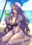  1girl alluring beach big_breasts bikini breasts camilla_(fire_emblem) camilla_(summer)_(fire_emblem) cleavage fire_emblem fire_emblem_fates fire_emblem_heroes hair_ornament hair_over_one_eye holding juice long_hair navel nintendo open_mouth purple_bikini purple_eyes purple_hair sarong sitting snow20200 swimsuit very_long_hair 