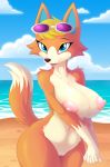  1girl 1girl animal_crossing anthro areola audie_(animal_crossing) beach big_areola big_breasts breasts canid canine canis eyewear furry high_res huge_breasts looking_at_viewer mammal nintendo nipples nude open_mouth peach_pussy puffy_areola sand seaside sunglasses video_games water whitmaverick wolf 