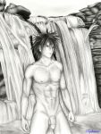 ashido_kado bleach monochrome muscular_male nude_male penis ryukosensei water waterfall