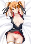  1girl blue_eyes blush breasts cameltoe lyrical_nanoha mahou_shoujo_lyrical_nanoha mahou_shoujo_lyrical_nanoha_strikers no_panties open_clothes open_shirt orange_hair photoshop pussy shirt smile solo teana_lanster thigh_gap thighhighs uncensored 