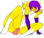  1_anthro 1_male 1_male_anthro 1girl 5_fingers all_fours anal_insertion anthro anthro_canine anthro_fox arm_warmers canine detached_sleeves digimon foreskin fox fur furry hair male male_anthro male_anthro_fox male_renamon mostly_nude open_mouth penis purple_hair renamon solo spread_legs testicles toei_animation white_fur yellow_fur 