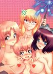  4girls angry areola areolae black_hair blonde_hair blue_eyes blush breast_smother breasts cattleya_yvette_la_baume_le_blanc_de_la_fontaine censored eleanor_albertine_le_blanc_de_la_blois_de_la_valliere glasses grin hand_on_another's_head hand_on_head heart heart_censor henrietta_de_tristain hikapan large_breasts long_hair louise_francoise_le_blanc_de_la_valliere magic multiple_girls nipple_censor nude pink_eyes pink_hair purple_hair short_hair siblings siesta sisters smile tiara tosh_(imonade_ryouchou) wand yellow_eyes zero_no_tsukaima 