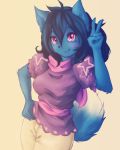 black_hair blue_fur breasts canine female fluffy_tail fox fully_clothed furry lily_(dfstarfield) looking_at_viewer nipples no_sex nude original purple_eyes solo thekaze