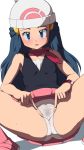  1girl blue_eyes blush clothed dawn dawn_(pokemon) dutch_angle female female_human female_only hat high_res hikari_(pokemon) long_hair looking_at_viewer miniskirt naughty_face non-nude ome_(mercury_cigarette) open_mouth panties partially_visible_vulva pokemon pussy_juice see-through simple_background sitting skirt solo spread_legs spread_vagina transparent_panties upskirt white_background 