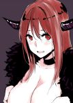 1girl :d big_breasts blush breast_hold breasts choker cleavage collarbone fur_trim horns large_breasts maou_(maoyuu) maoyuu_maou_yuusha npt_(calpis) open_mouth purple_background red_eyes red_hair simple_background sketch smile solo