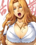  1girl beauty_mark between_breasts bleach blue_eyes breast_hold breasts bust chain chains cleavage collarbone crossed_arms erect_nipples hairu huge_breasts jewelry long_hair matsumoto_rangiku mole necklace no_bra open_mouth orange_hair shirt simple_background solo tongue upper_body 