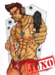  1boy bara erection facial_hair gun hairy human male male_only masturbation muscle nipple nipple_piercing partially_clothed penis pubic_hair scar solo solo_focus urethra weapon 