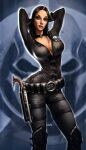 armored_boots arms_behind_head belt_buckle big_breasts black_gloves black_hair bodysuit breasts capcom cleavage clothing collar contrapposto curvaceous curvy_female dark_brown_eyes darkwatch eyebrows gloves gun gun_holster high_resolution looking_to_the_side makeup mascara official_art pin-up pistol seductive_look seductive_smile sheriff_badge smile smug_smile spiked_boots standing tala_(darkwatch) thick_eyebrows v-shaped_eyebrows very_high_resolution weapon