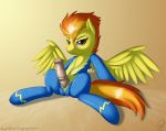  amber_eyes clothed clothing dickgirl equine friendship_is_magic hair horse horsecock intersex jumpsuit looking_at_viewer my_little_pony orange_hair pegasus penis plain_background pony precum skipsy smile solo spitfire testicles tight_clothing two_tone_hair wings wonderbolts_(mlp) zipper 