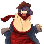  1girl @_@ bare_shoulders bent_over breasts cleavage female hat hataraki_ari huge_breasts open_mouth original purple_hair scarf short_hair short_twintails simple_background solo standing twin_tails twintails white_background white_eyes 